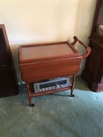 Vintage, cherry tea cart.  REALISTIC stereo system.