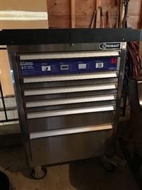 Six Drawer KOBALT tool organizer with electric outlet accessory. Stainless steel construction with removable top organizer. Loaded with tools that go with it.