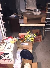 Vintage enamel top table and other boxed treasures in the mystery basement