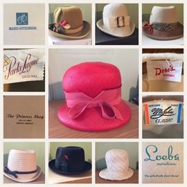 Vintage hats, various makers, vintage Meridian store hat boxes. 
