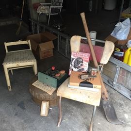 Vintage chairs, RCA Victor record player, and other items