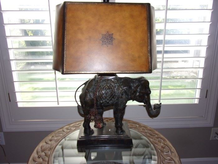 
VINTAGE MAITLAND SMITH BRONZE ELEPHANT Lamp Leather Base and Decorative Shade