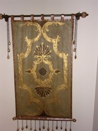 Beautiful hand painted tapestry with leather edges/hanging loops. 