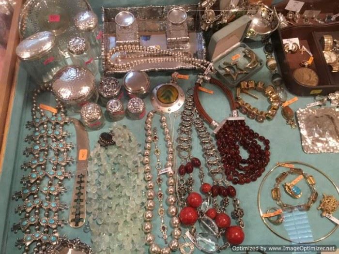 Jewelry, vintage vanity jars, sterling inkwell