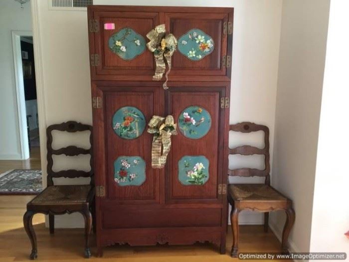 Vintage oriental cabinet with cloisonn panels