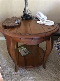 Round wooden oak end table. 