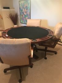 Cards anyone ? This is a great Card table with comfortable chairs for the ultimate game! Table has a reversible top for entertaining. 