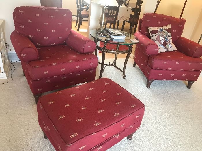 Matched set of chairs with ottoman. 