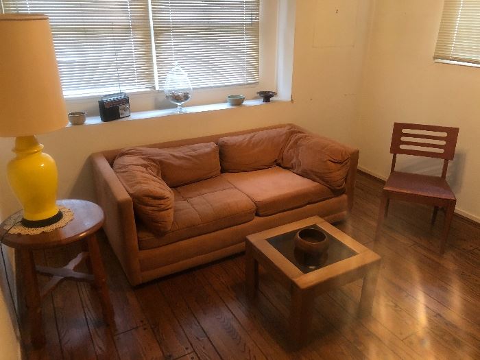 Loveseat, mid-century chair and oak tables...