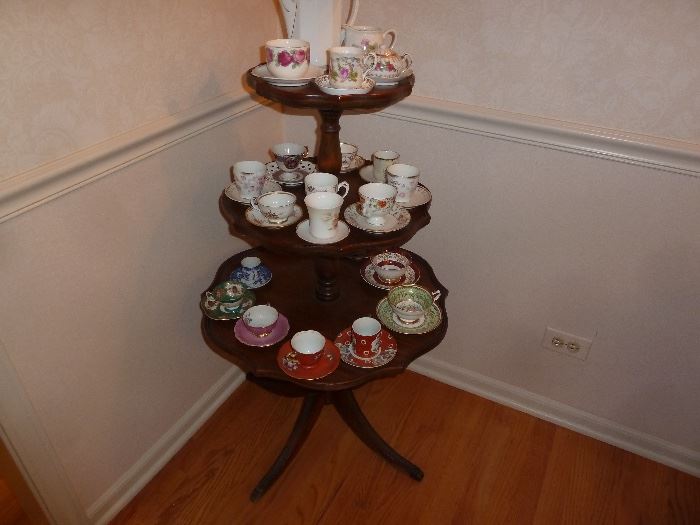 three tier mahogany  table  tea cup collection