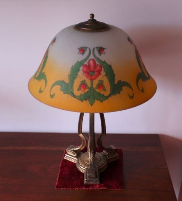 214 - LAMP - Pairpoint, hand painted glass globe in floral and naturalistic motif, cream shaded to yellow, scrolled brass support.