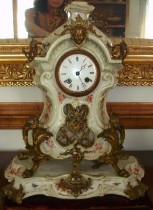 43 - CLOCK - Mid 1800's French, hand painted porcelain, ormolu mounts, 18 1/2" H.