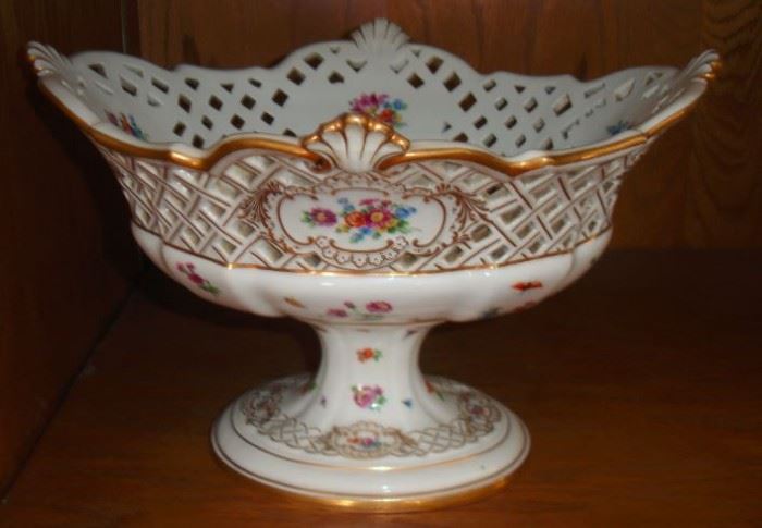 46 - FRUIT BOWL - 1800's Meissen, reticulated bowl, hand painted with flowers and gold embellishments, footed.