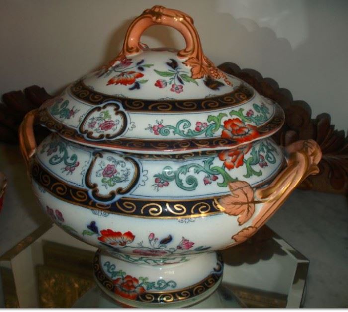 67 - SOUP TUREEN - Late 1800's, English, hand painted porcelain, footed, polychrome decoration, 13"H, unmarked.