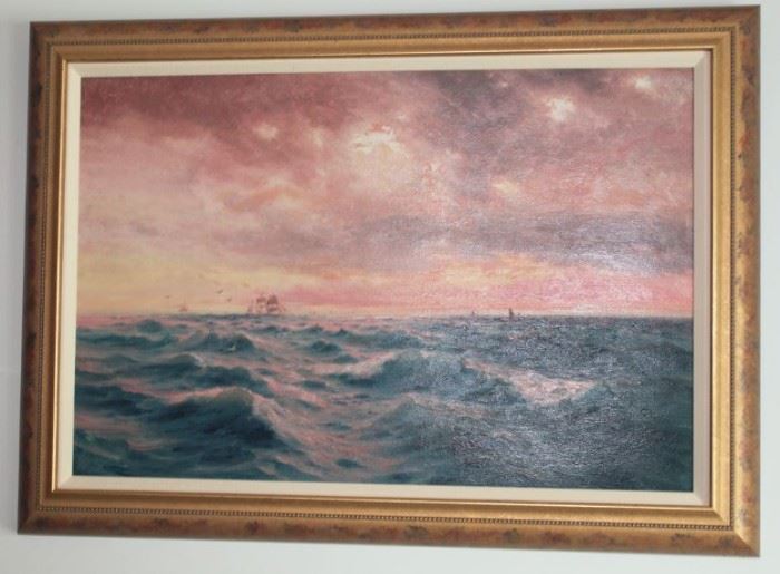 106 - OIL ON CANVAS - Late 1800's, signed lower right H. Moore (Henry Moore, English 1831-1895), image of high seas and tall sail ships, beaded gold leaf frame, linen fillet, over all measures 25"H x 35 1/2"W.