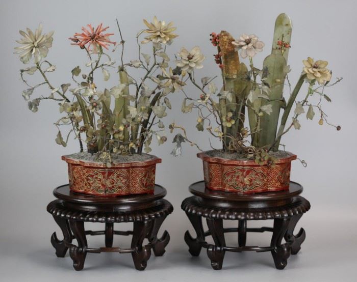 pair of Chinese flower trees in lacquer planters