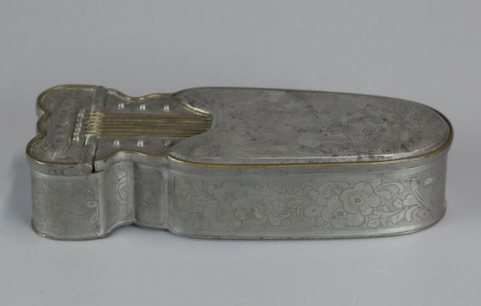 Chinese musical instrument form pewter box, 19th c.