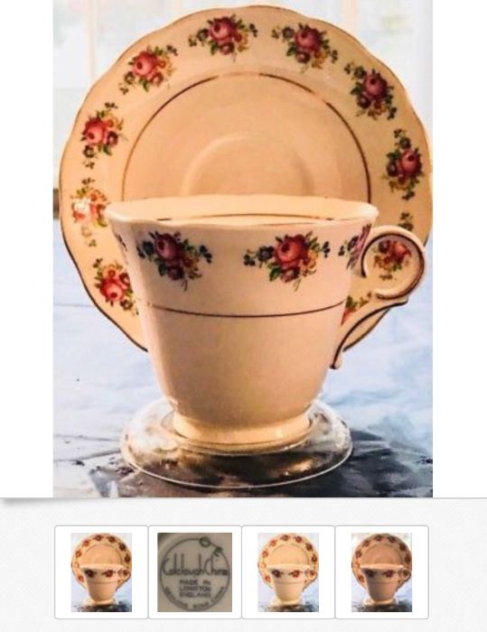 One of several antique tea-cup sets available, of varying vintages, patterns, and prices; This picture is of a Colclough Roses Tea Cup & Saucer, made sometime from 1939 to the Early 40s, English Bone China; $30
