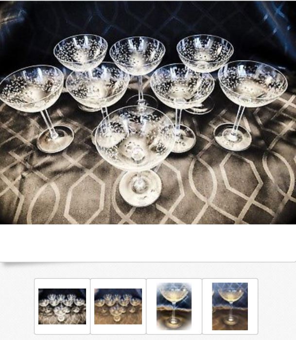 Crystal Stemware of various brands, ages, manufacturers, styles, quantity available, and prices; Items shown are Mid-Century Etched Crystal Champagne Glasses, and are $9 each