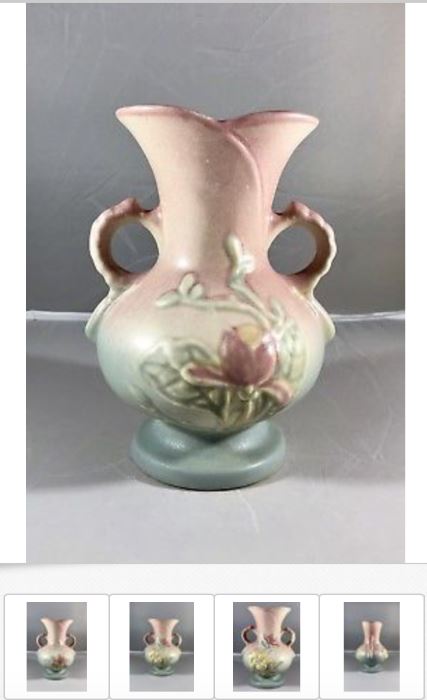 One of many pottery items available, of varying designs, types, ages, materials, quantities, and prices; Item shown is a Vintage Hull Art Pottery Magnolia Vase - Collectible, in Gift-Giving Condition, for $32