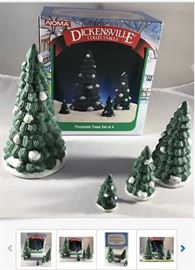 One of many holiday decorations, of varying sizes, designs, materials, ages, manufacturers, and prices; Item shown is a NOMA Dickensville Christmas Collectibles Porcelain Pine Trees w/ Snow, for $6