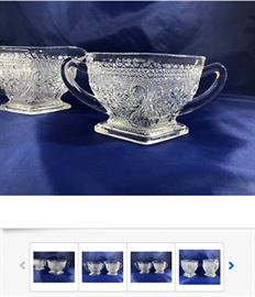 This Vintage Clear Cut-Glass Creamer & Sugar Bowl set is one of many cut-glass items available, of varying ages, designs, sizes, manufacturers, ages, and prices, and includes sets as well as individual pieces; The set shown is $42