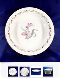 Dozens of this Vintage China Elaine Pattern are Available, including Plates, Bowls, Cups, Saucers, and Serving Pieces, and are set at different prices depending on size and condition. The item shown is a soup bowl, 12 are available, at $10 each.