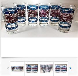 Several designs of collectible glasses are available including these fun Pepsi Cola B48 Tiffany / Stained Glass Style Glasses; There are 6 of these available and we're asking for $7.50 per glass; The others are of varying sizes, ages, designs manufacturers, condition, quantities, and prices