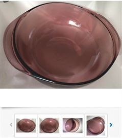 So very, very many pieces of Corningware and Pyrex are for sale, including this Vintage Translucent Purple Pyrex Round Baking Dish With Handles 1.5 Quart, for $9.25; Prices will vary depending on size, style, and condition, and include French White, Grab-Its, Snack-Its, and more.