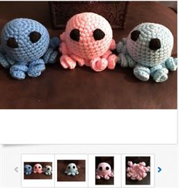 Handmade, Crocheted Mini Octopus/Octopod Decoration / Toy in Aqua, Pink, or Blue OR Flying Monkeys in Blue with Red and Black accents are available, for $5 each. Due to wires (Monkeys) and small pieces (both designs), these items are inappropriate for pets or small children.