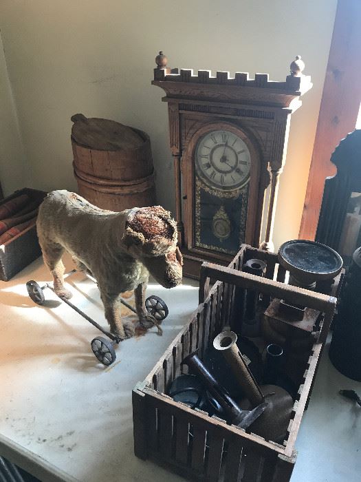 Antique sheep on wheels, antique candle holders, Gingerbread Clock