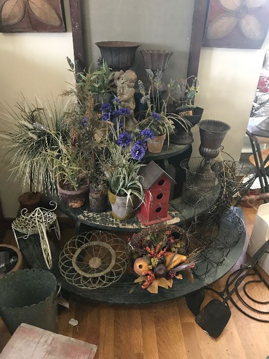 Silk flowers/plants, urns, garden items