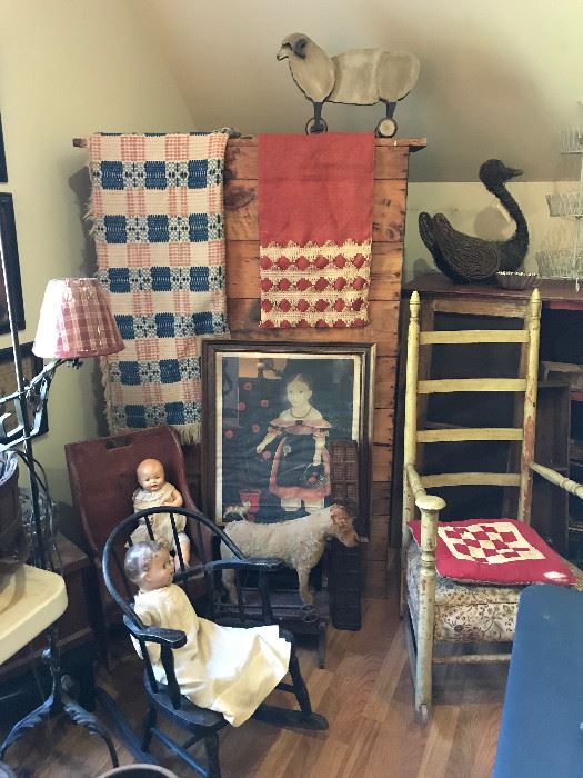 Antique quilts, Linsey-Woolseys, chairs, dolls, wall art