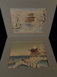 Two vintage Japanese snow and pagoda woodblock prints
