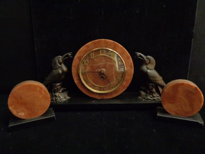 Art Deco marble and cast metal bird mantle clock set