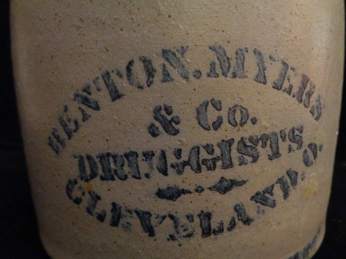 Antique advertising stoneware jug "Benton Myers Druggists Cleveland Ohio"