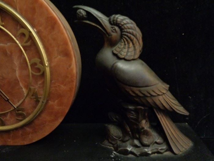 Art Deco marble and cast metal bird mantle clock set