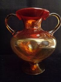 Blenko amberina glass double handle vase