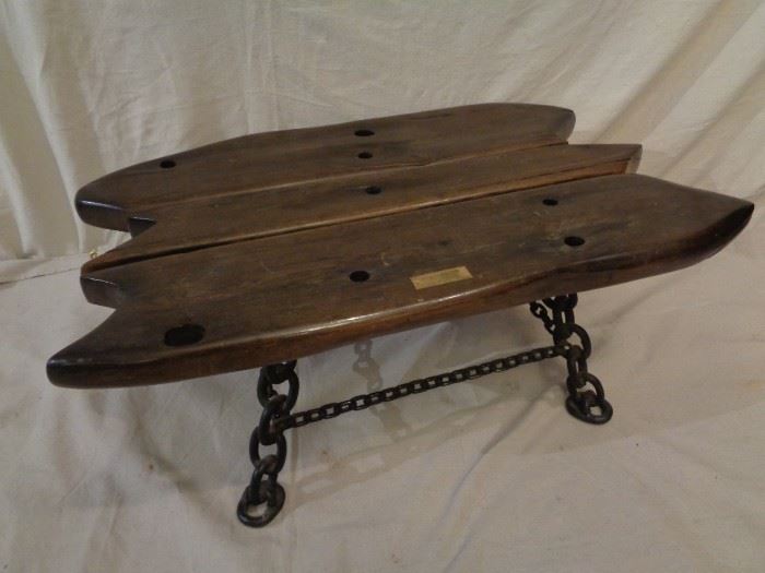 Coffee table made from 19th C. salvaged sunken ship planks. Chain base.