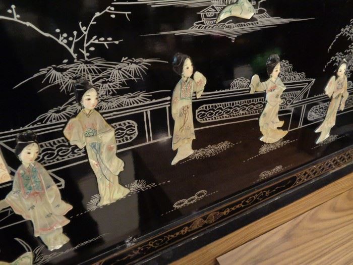 Mid Century Chinese lacquer and carved mother of pearl bar cabinet