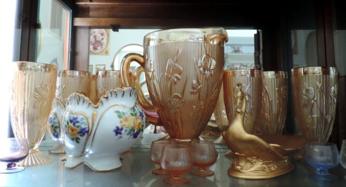 Iridescent Marigold Iris & Herringbone Pattern Pitcher & 6 Goblets by Jeanette Glass