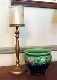 Brass Candle Stick & Pottery