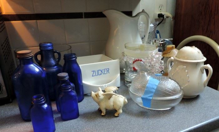 Blue Glass Bottles and Kitchen Items