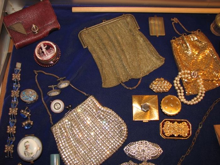 Vintage mesh & sequinned purses, compacts, jewelry