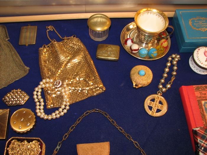 Vintage mesh & sequinned purses, compacts, jewelry, marbles, lenox sterling and more