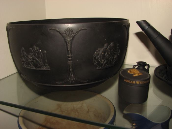 Circa 1912 Wedgwood Black Basalt Jasperware Bowl.   The side of the bowl is decorated with six different Greek Mythological Scenes, separated by sweeping, ornate brackets.