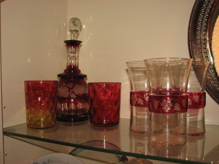 Czech decanter and cut-to-clear glassware, thumb print amberina and cranberry glass