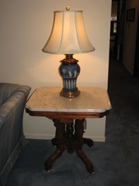 marble top side table, Wedgwood lamp