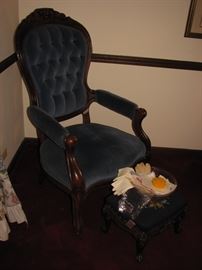 arm chair, tufted upholstery, ottoman
