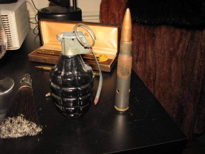 trench art - paperweights (grenade & 50 cal shell)
